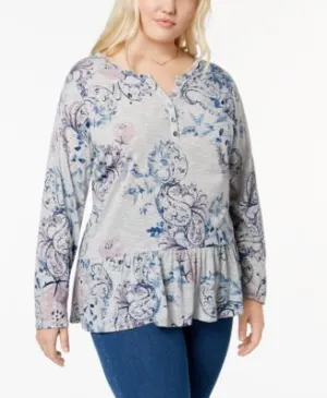 Style & Co. Womens Plus Floral Printed Ruffled Hem Henley Top, Sketchbook