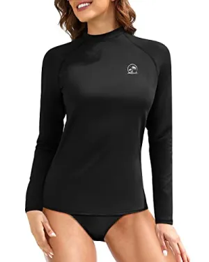 Uv Upf 50  Sun Protection Long Sleeve Swim Shirts For Women-Black