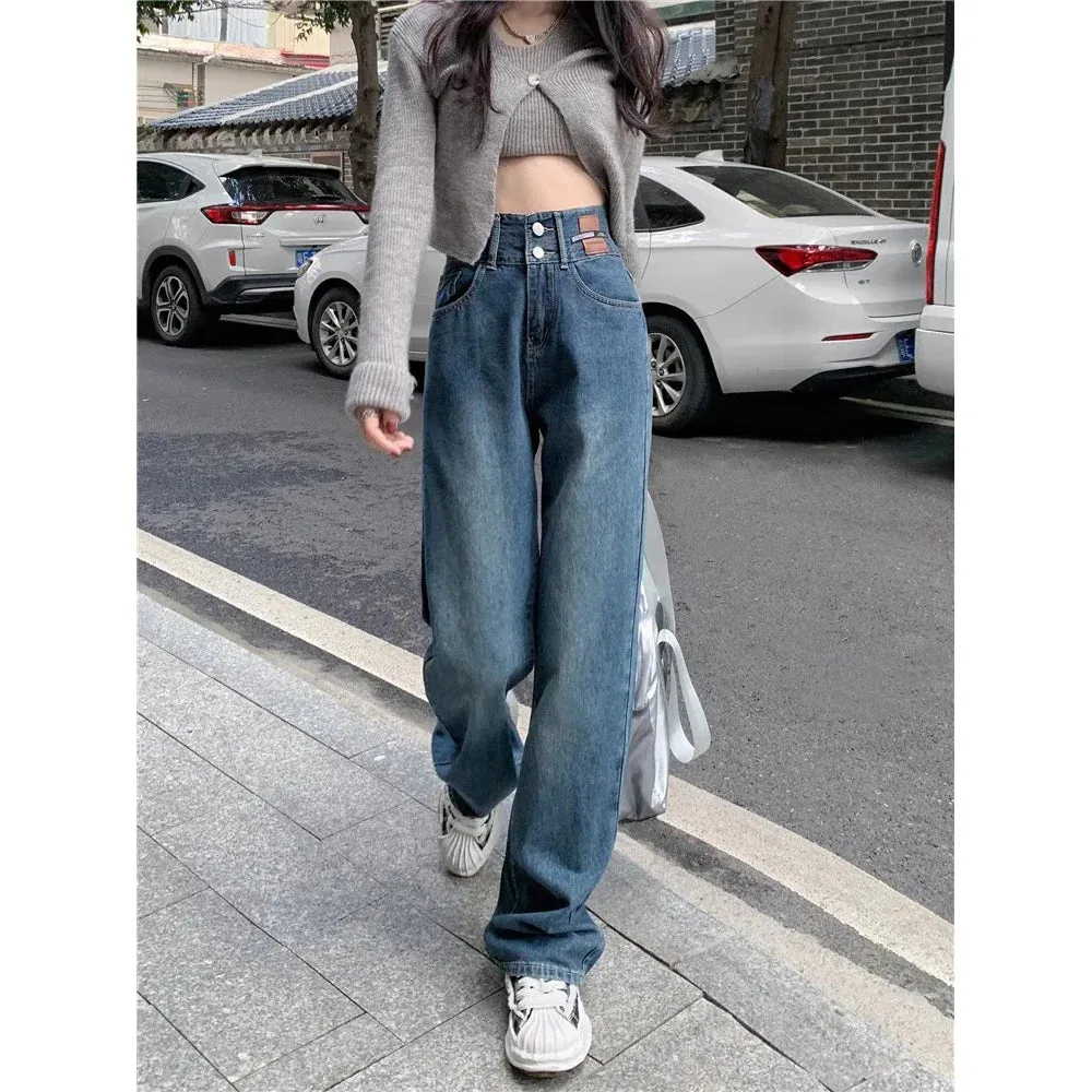 Vintage High-waisted Straight Female Spring New Loose Versatile Trailing Wide-Legged Jeans