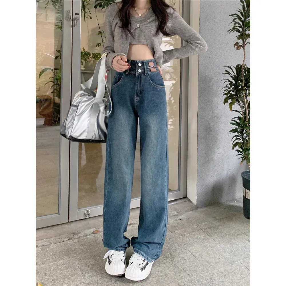 Vintage High-waisted Straight Female Spring New Loose Versatile Trailing Wide-Legged Jeans