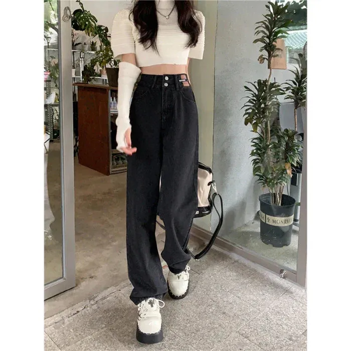 Vintage High-waisted Straight Female Spring New Loose Versatile Trailing Wide-Legged Jeans