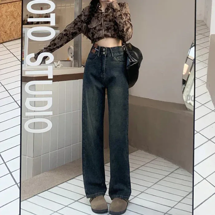 Vintage High-waisted Straight Female Spring New Loose Versatile Trailing Wide-Legged Jeans