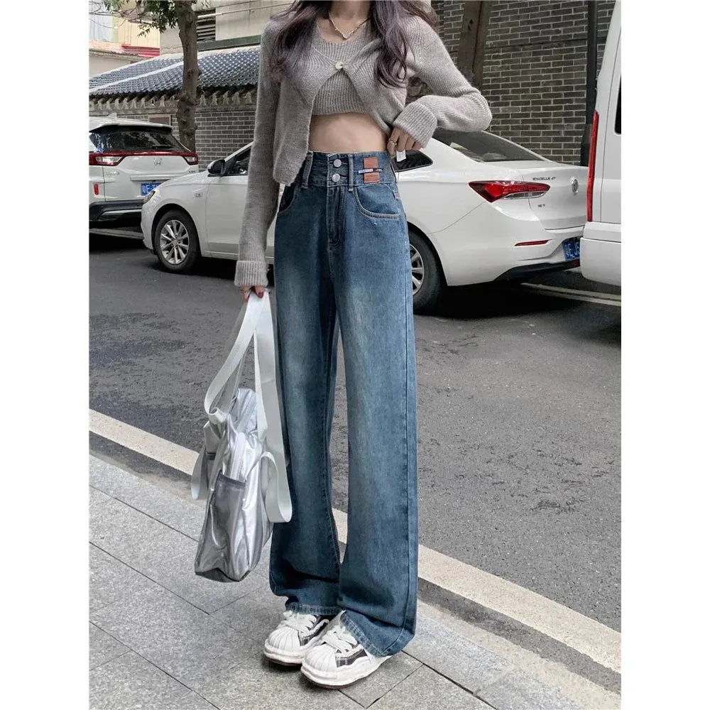 Vintage High-waisted Straight Female Spring New Loose Versatile Trailing Wide-Legged Jeans