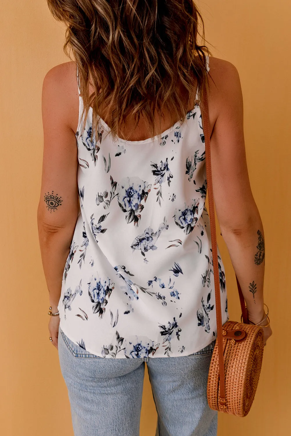 White Floral Print Mesh Cami Tank