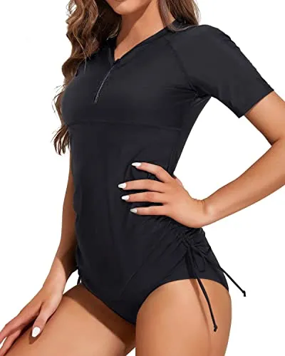 Women 2 Piece Rash Guard Short Sleeve Swim Shirt With Bottom-Black