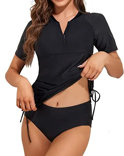 Women 2 Piece Rash Guard Short Sleeve Swim Shirt With Bottom-Black