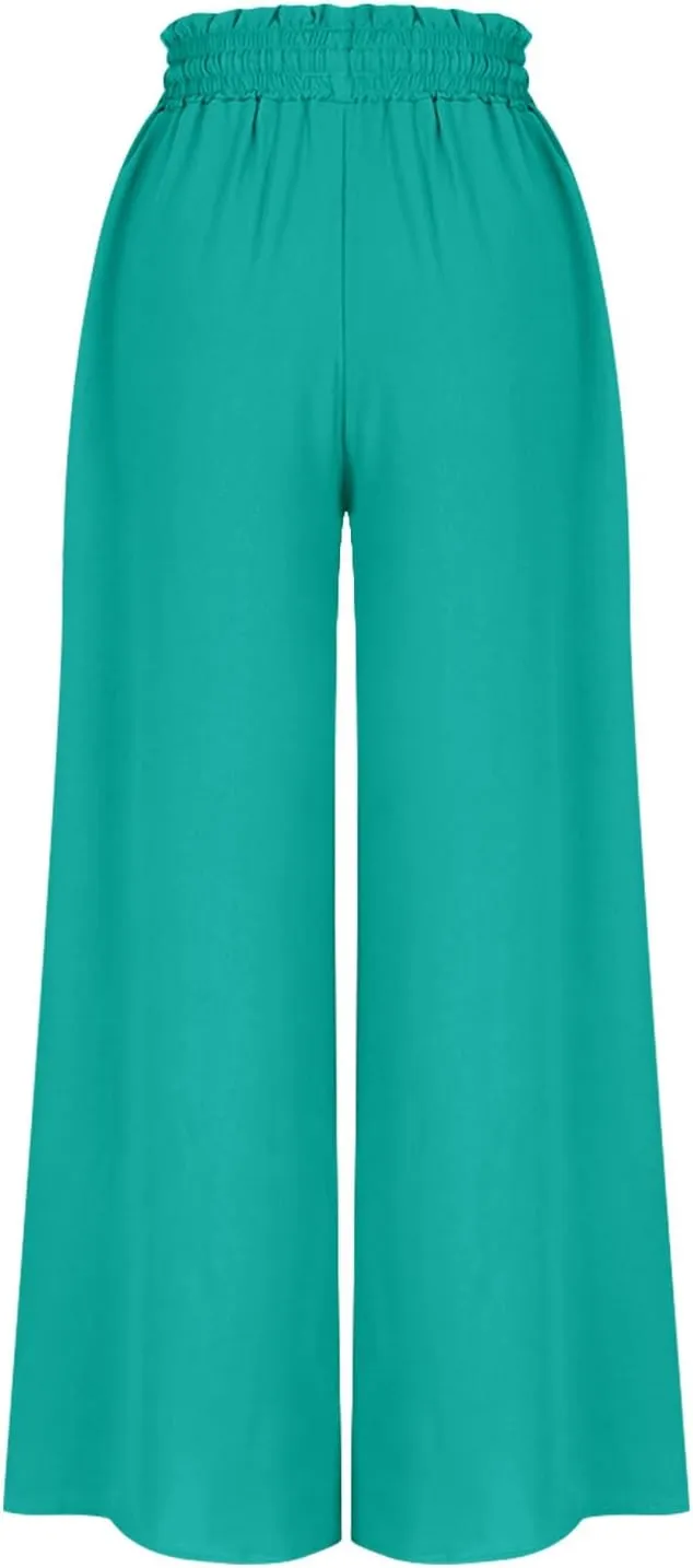 Women Casual High Waist Wide Leg Pants Summer Floral Solid Long Palazzo Pant Lounge Beach Trousers Slacks with Pocket