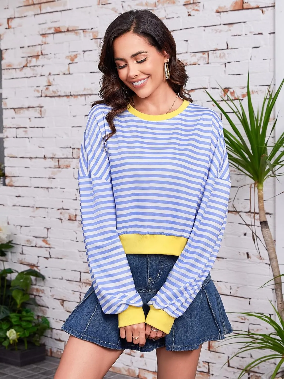 Womens Long Sleeve Striped Oversized Shirt Y2K Pullover Crop Top