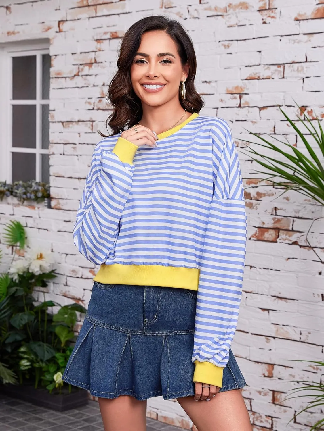 Womens Long Sleeve Striped Oversized Shirt Y2K Pullover Crop Top