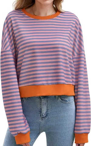 Womens Long Sleeve Striped Oversized Shirt Y2K Pullover Crop Top