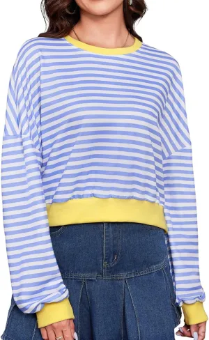 Womens Long Sleeve Striped Oversized Shirt Y2K Pullover Crop Top