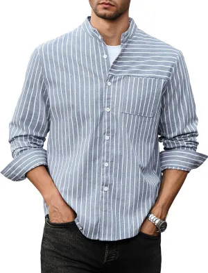 ZAFUL Men's Casual Button-Down Shirts Long Sleeve Striped Cuban Guayabera Banded Collar with Pocket All-Day Shirt Tops