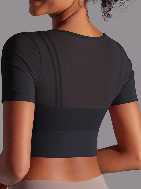 ZASUWA Female Sexy Mesh Hollow Out Breathable Short Sleeves