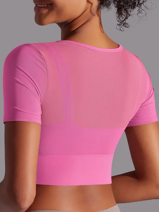 ZASUWA Female Sexy Mesh Hollow Out Breathable Short Sleeves